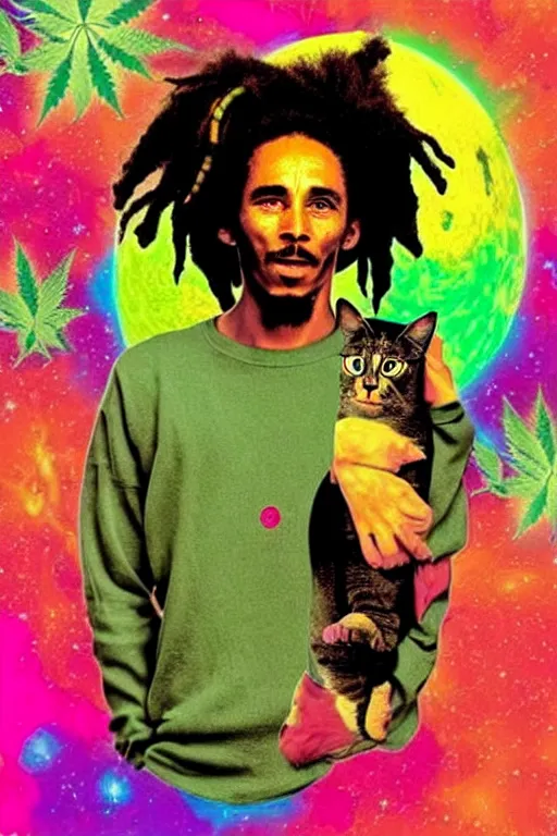 Prompt: A cat with the fashion sense Of Bob Marley floating in space with cannabis