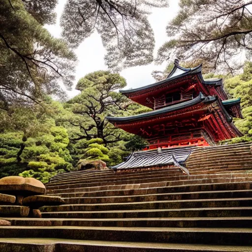 Image similar to giant japanese temple in the mountains, rocks, trees, beautiful natural light, cinematic, amazing