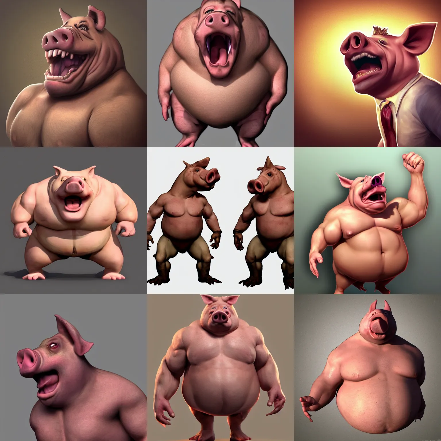 Prompt: photo of a realistic fat muscular pighead ugl pig swine character screaming artstation trending by