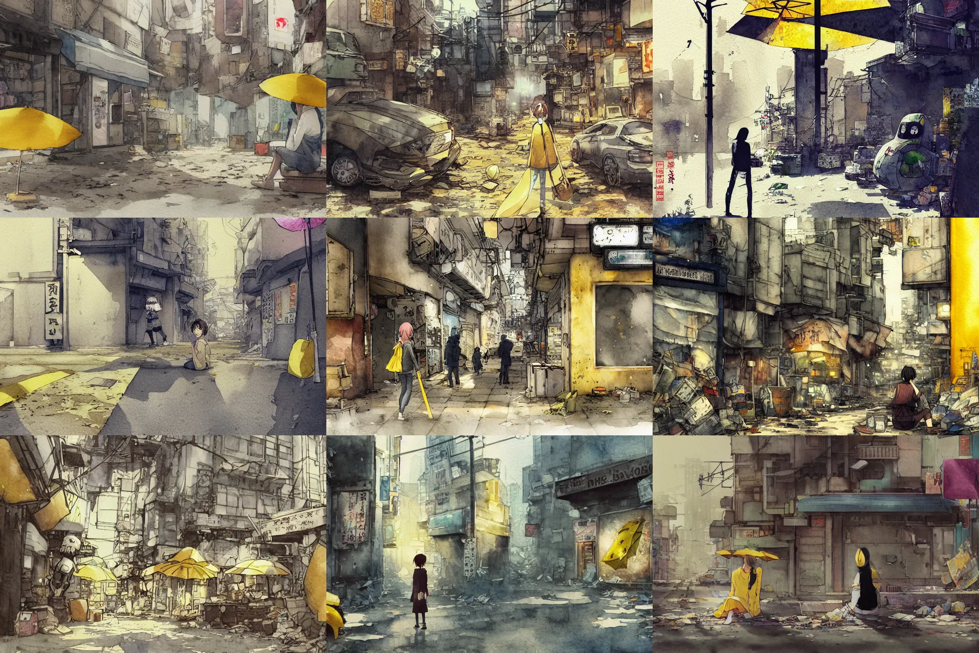 Prompt: tatsuyuki tanaka art book, simple watercolor, soft bloom lighting, abandoned city, paper texture, movie scene, distant shot of hoody girl side view sitting under a yellow parasol in deserted dusty shinjuku junk town, old pawn shop, bright ground, hawken, phantom crash, robot monster