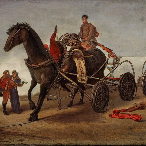 Image similar to a horse pulling a big canon behind his him. the canon is harnessed to the horse and towed