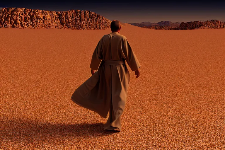 Prompt: guy with a robe walking through a desert with high speed winds, 2 d perspective, wind, 8 k, ultra detailed, award winning, trending on artstationhd, epic, dramatic, cinematic,