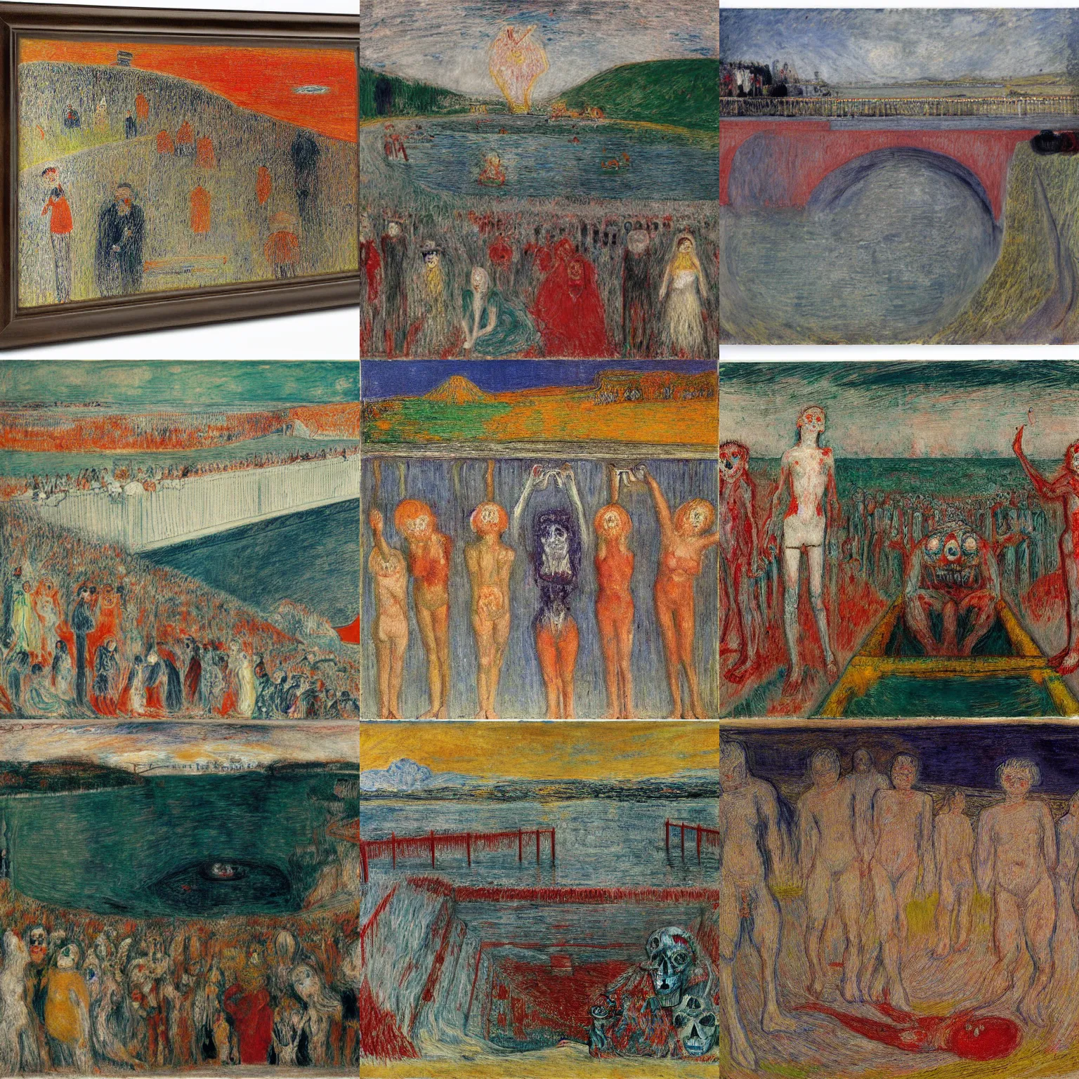 Prompt: this reservoir is at below of the death bridge. it's combine blood from sin souls. this for soaking obscene souls., artwork by james ensor