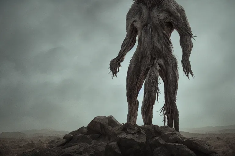Prompt: looking up at a tall humongous angry monster made of flesh standing tall in the desert, elden ring boss, realism, photo realistic, high quality, misty, hazy, ambient lighting, cinematic lighting, studio quality,