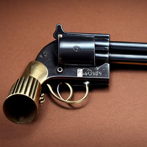 Image similar to product photography of a steampunk revolver