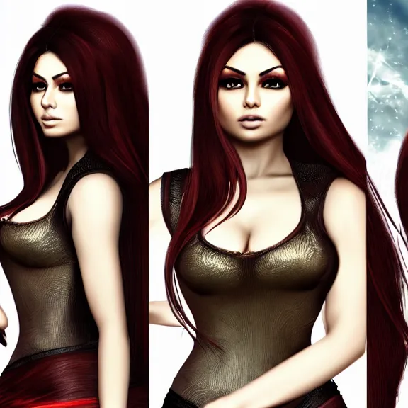 Image similar to portait of haifa wehbe, long hair centred, hd, very detailed curve, unreal engine, final fantasy style, fairy tail background