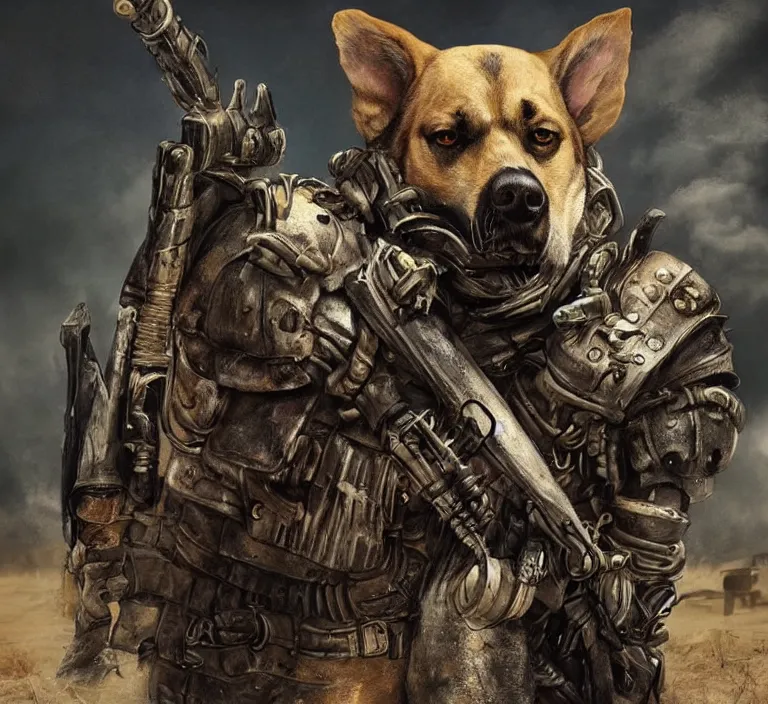 Image similar to a good ol'hound dog fursona ( from the furry fandom ), heavily armed and armored facing down armageddon in a dark and gritty version from the makers of mad max : fury road. witness me.