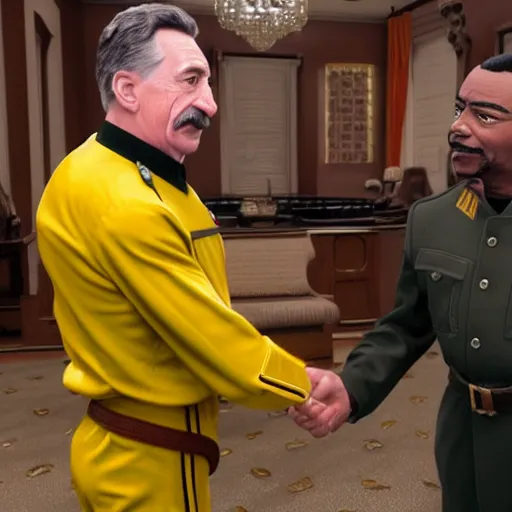 Image similar to a hyper realistic ultra realistic photograph of stalin shaking hands with Geordi La Forge, highly detailed, 8k photograph