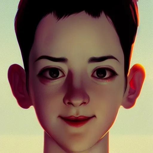 Image similar to youth sean young very slightly smiling, occlusion shadow, specular reflection, rim light, unreal engine, range murata, artstation, pinterest, art by hiroaki samura and ilya kuvshinov and rossdraws, intricate, highly detailed 8 k, art deco illustration, extremely beautiful shape of face, neck, shoulders eyes