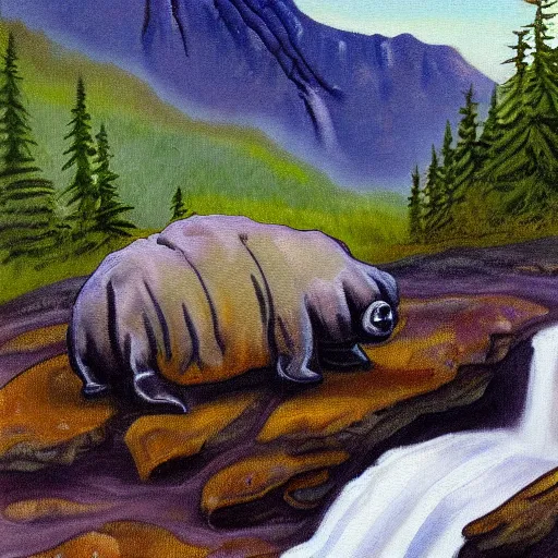 Image similar to portrait of tardigrade at Brooks Falls in Alaska, landscape painting by Moran and George Caitlin