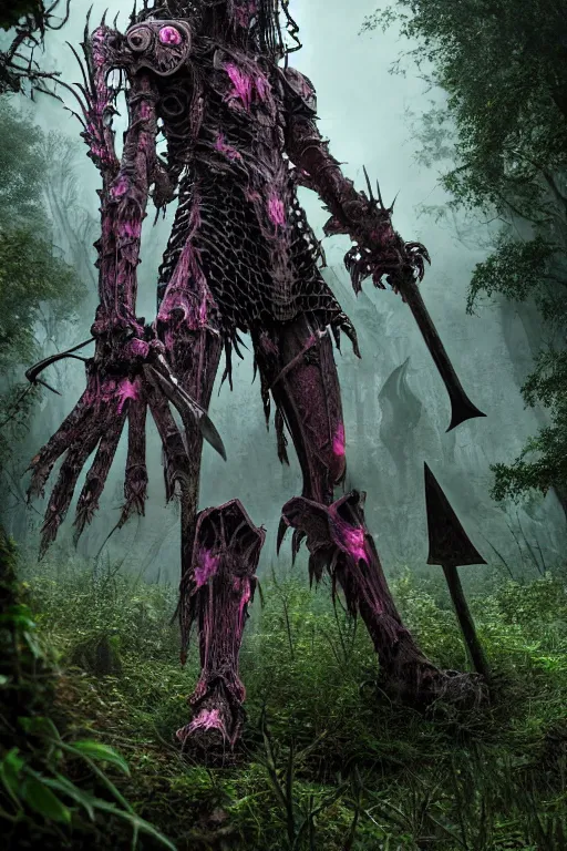 Image similar to post - gothic giant banshee, exoskeleton armor, attacking with axe, dystopian ruins covered in vegetation, highly detailed smooth digital art masterpiece, vitaly bulgarov giger dramatic pink light, ground angle hd 8 k, sharp focus