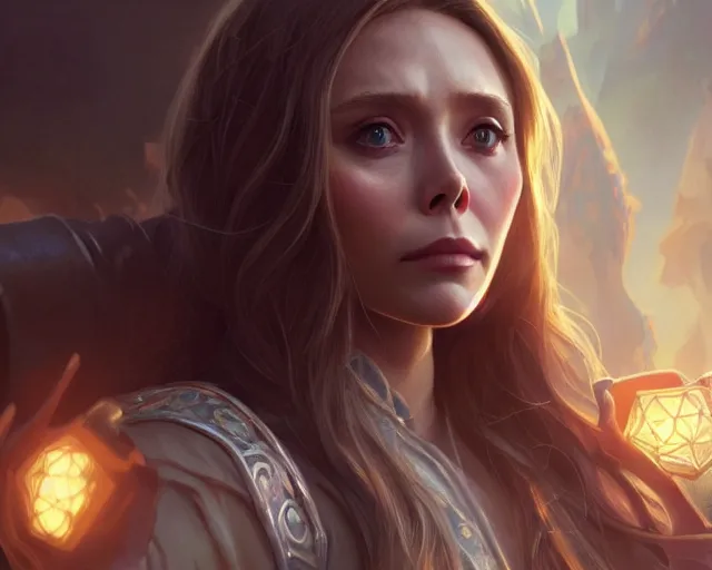 Image similar to a gaming screenshot still portrait of elizabeth olsen in final fantasy, deep focus, d & d, fantasy, intricate, elegant, highly detailed, digital painting, artstation, concept art, matte, sharp focus, illustration, dark fantasy style art, hearthstone, art by artgerm and greg rutkowski and alphonse mucha