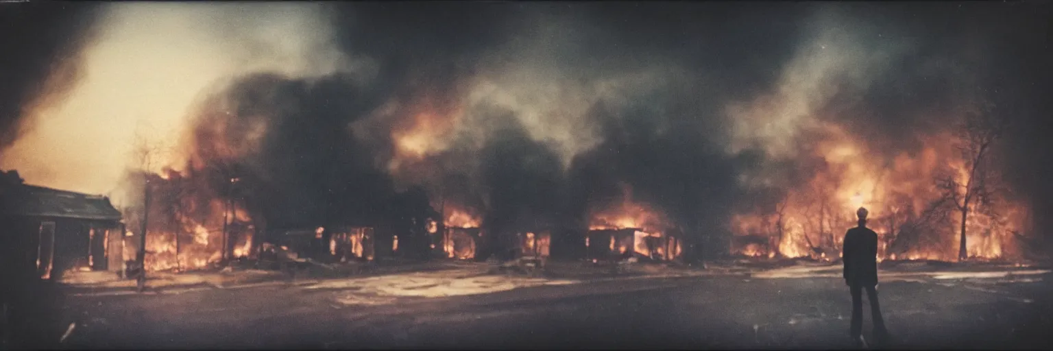 Image similar to detailed medium format photo, polaroid still from a scandinavian movie, sleazy man watching night streets while a single house burns in the background, haze, high production value, intricate details, 8 k resolution, hyperrealistic, hdr, photorealistic, high definition, tehnicolor, award - winning photography, masterpiece, amazing colors