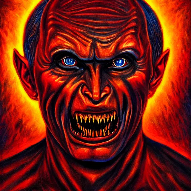 Prompt: shocked face of putin demon,, hell hyper - realistic, sharp focus, depth of field, hyper - detailed visionary art, symmetric, hell, holy halo, dramatic ambient lighting, high detail, vibrant colors, the thing 1 9 8 2