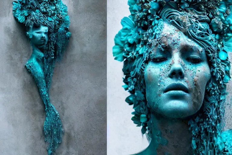 Image similar to a sculpture of a beautiful woman with flowing tears, turquoise fractal flowers on the skin, intricate, a marble sculpture by nicola samori, behance, neo - expressionism, marble sculpture, made of mist, still frame from the prometheus movie by ridley scott with cinematogrophy of christopher doyle, arri alexa, 8 k