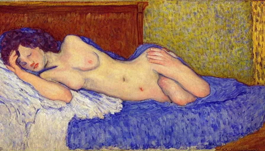 Image similar to woman with blue dress laying on the bed, by pierre bonnard