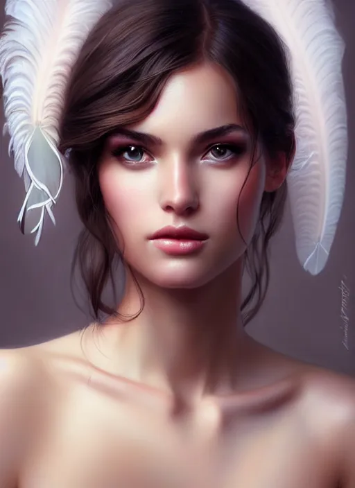 Prompt: a gorgeous female photo, professionally retouched, soft lighting, wearing a feather dress, realistic, smooth face, perfect eyes, wide angle, sharp focus on eyes, 8 k high definition, insanely detailed, intricate, elegant, art by artgerm and greg rutkowski