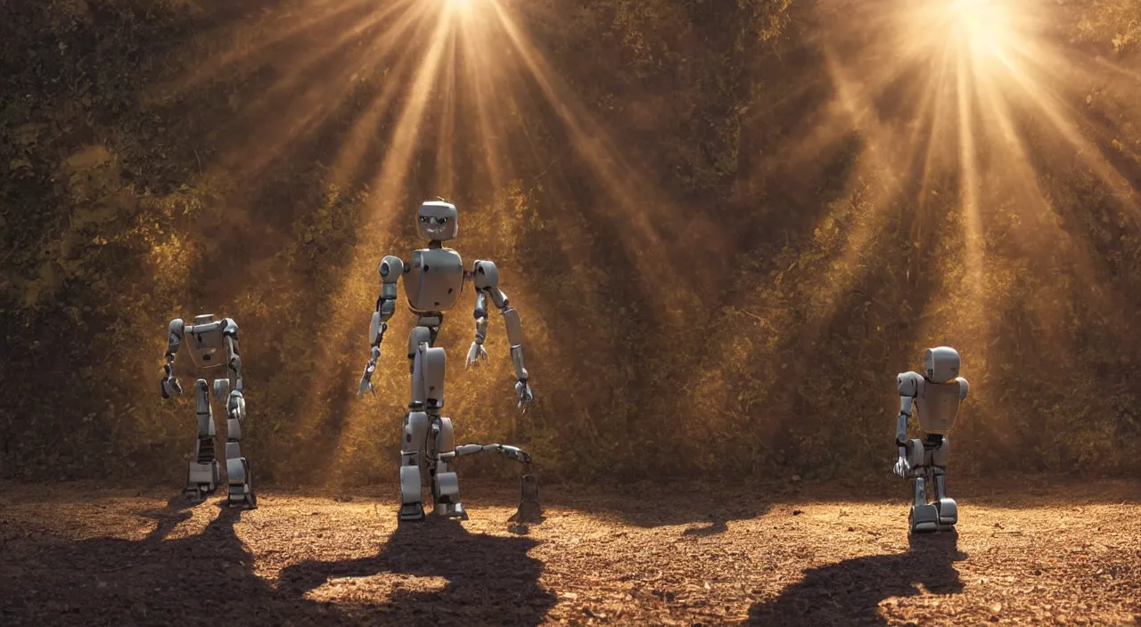 Image similar to a robot in a movie, cinematic shot, sun beams