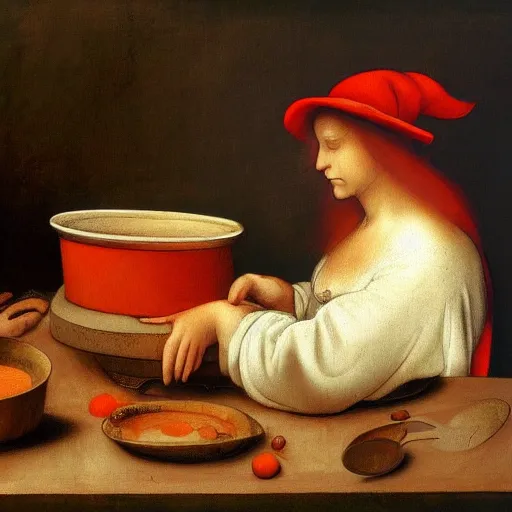 Image similar to the cat in small red hat is making a pot of soup, drawn by Leonardo Da Vinci, oil painting, trending in Artstation, artstationHD, 4k