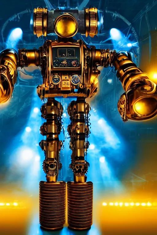 Prompt: portrait photo of a giant huge golden and blue metal humanoid steampunk robot singer with headphones and gears and tubes, in the foreground is a big red glowing microphone on a tripod, eyes are glowing red lightbulbs, shiny crisp finish, 3 d render, 8 k, insaneley detailed, fluorescent colors, background is multicolored lasershow