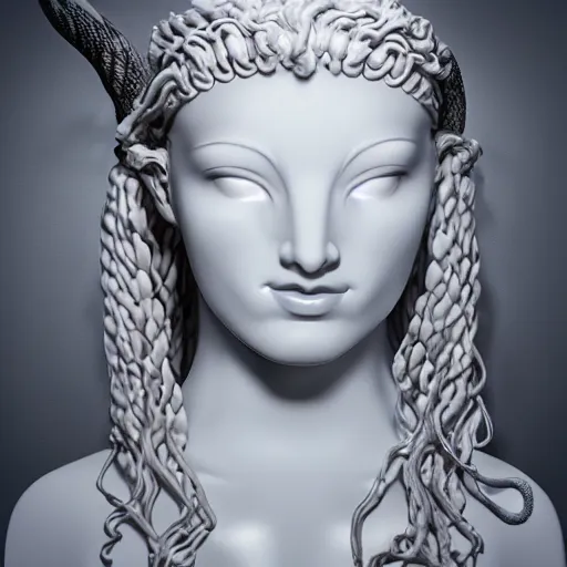 Prompt: beautiful pale smooth medusa with white silver snakes coming from her head