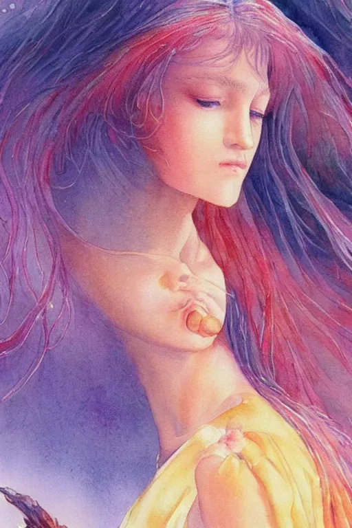 Prompt: watercolor painting a beautiful girl, colorful, by gilbert williams, by henry hudson, by jean giraud.