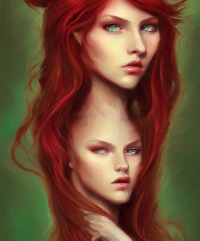 Image similar to Fae teenage girl, portrait, face, long red hair, green highlights, fantasy, intricate, elegant, highly detailed, digital painting, concept art, smooth, sharp focus, illustration