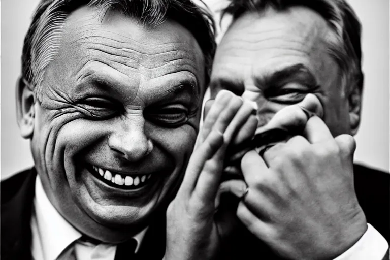 Image similar to viktor orban laughing hard by peter lindbergh