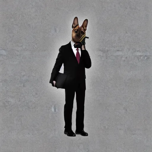 Image similar to a dog in a man's body wearing a business suit and pointing a gun, Digital art