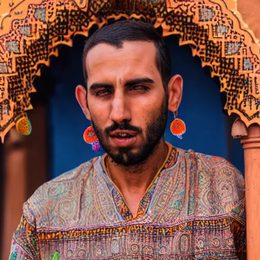 Prompt: realistic photo of a man wearing moroccan clothes, close photo, profile, hd, hdr, 8 k, realism
