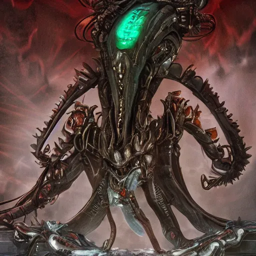 Prompt: phyrexian dreadnought borg queen xenomorph hybrid with protomolecule vesicles being possessed by the machine spirit artists tram pararam and doctor seuss with joan semmel and hr giger pastel high contrast cinematic light, mystical shadows, sharp focus, warhammer fourty k, octane render