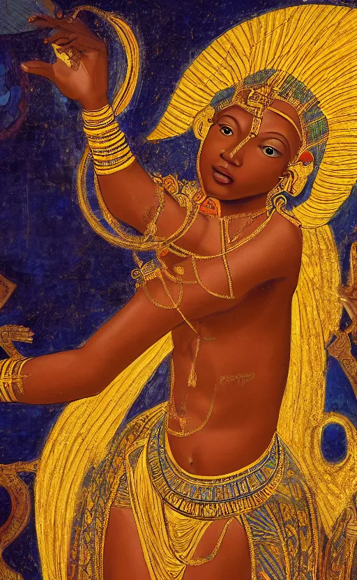 Image similar to mural of a beautiful young african muse, in golden egyptian ornaments, reaching towards the heavens, holy imagery, highly detailed, beautiful colors, renaissance mural, golden ratio, in the style of sandro boticceli