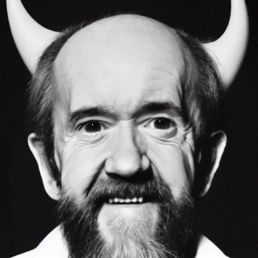 Prompt: George Carlin looking into the camera with Devil horns on his head with devilish grin