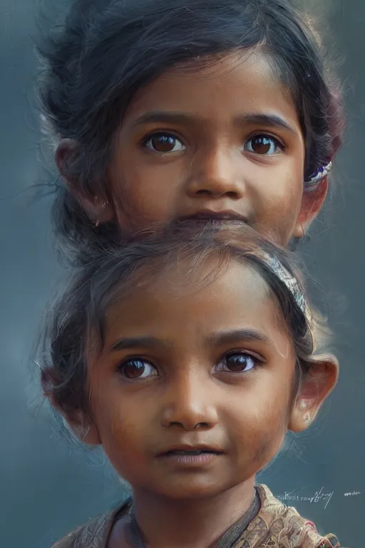 Image similar to hindu little girl, joyful, close - up portrait, intricate, elegant, volumetric lighting, scenery, digital painting, highly detailed, artstation, sharp focus, illustration, concept art, ruan jia, steve mccurry