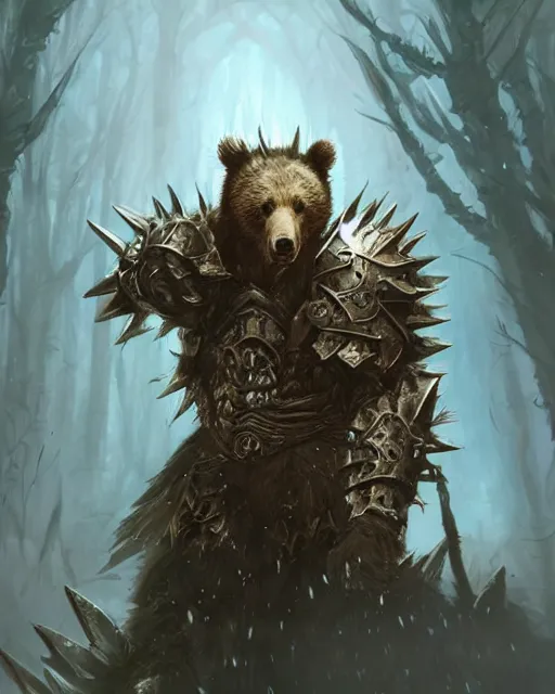 Image similar to Bear Spiky Armor, magic the gathering artwork, D&D, fantasy, cinematic lighting, centered, symmetrical, highly detailed, digital painting, artstation, concept art, smooth, sharp focus, illustration, volumetric lighting, epic Composition, 8k, art by Akihiko Yoshida and Greg Rutkowski and Craig Mullins, oil painting, cgsociety