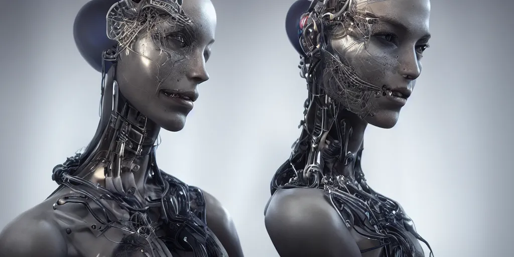 Image similar to hyper realistic photography of a beautiful cyborg female, intimate holding close, in the style of beth cavener, jin kagetsu, wlop, westworld, highly detailed, intricate filigree, symmetry, masterpiece, concept art, highkey lighting, ambient lighting, octane render, 8 k, artstation
