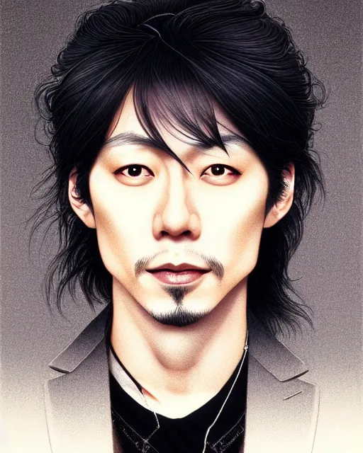 Image similar to photography portrait of japanese rock singer yutaka ozaki from 1 9 8 0 s, ambient lighing, intricate, elegant, highly detailed, digital painting, artstation, concept art, smooth, sharp focus, illustration, art by artgerm and greg rutkowski and alphonse mucha