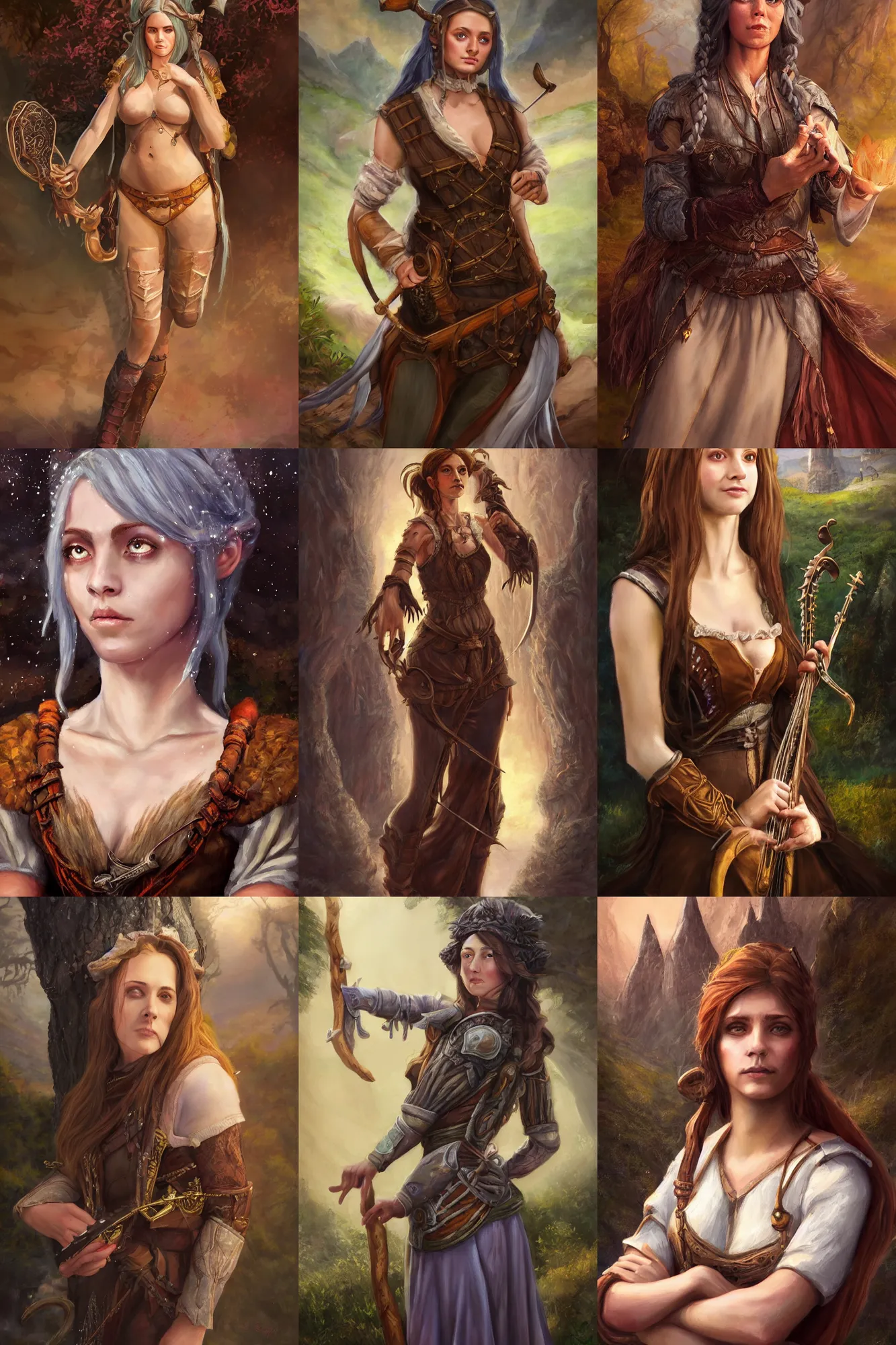 Prompt: a full body high detail fantasy portrait oil painting illustration of a single beautiful slightly smiling bard woman by justin sweet with face and body clearly visible, in a scenic background, pretty eyes, realistic proportions, d & d, rpg, forgotten realms, artstation trending, high quality, sombre mood, artstation trending, muted colours, entire person visible!