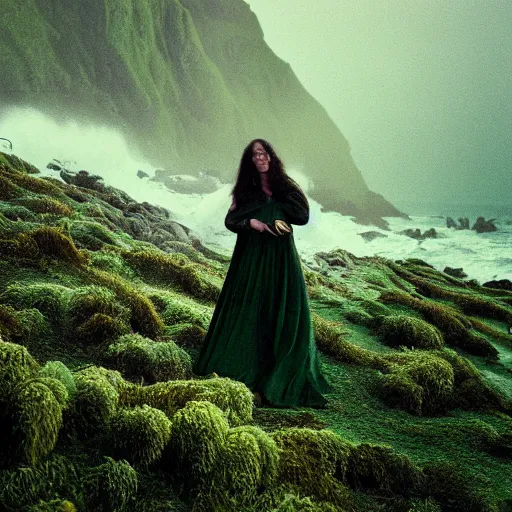 Image similar to dark and moody 1 9 7 0's artistic spaghetti western film in color, a woman in a giant billowy wide long flowing waving green dress, standing inside a green mossy irish rocky scenic landscape, crashing waves and sea foam, volumetric lighting, backlit, moody, atmospheric, fog, extremely windy, soft focus