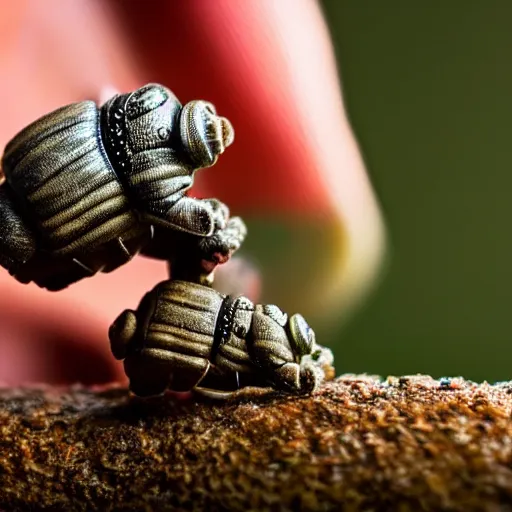 Image similar to a mini cowboy riding a tardigrade, macro lens photography