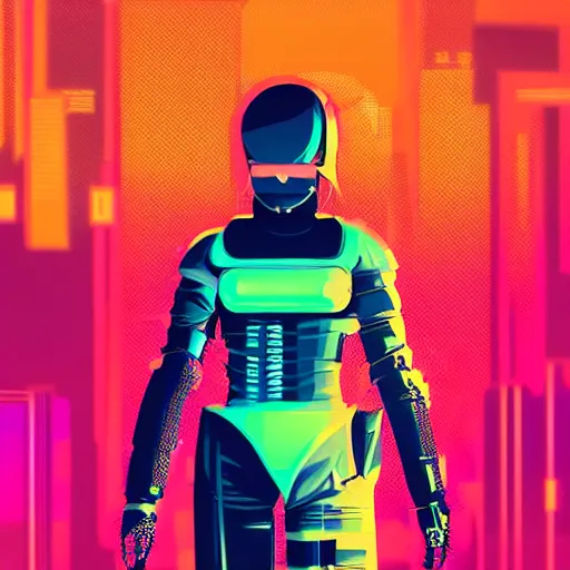 Image similar to a highly detailed full body portrait of a cyborg ninja by ilya kuvshinov in synthwave style with a cyberpunk colorful background with brokeh effect