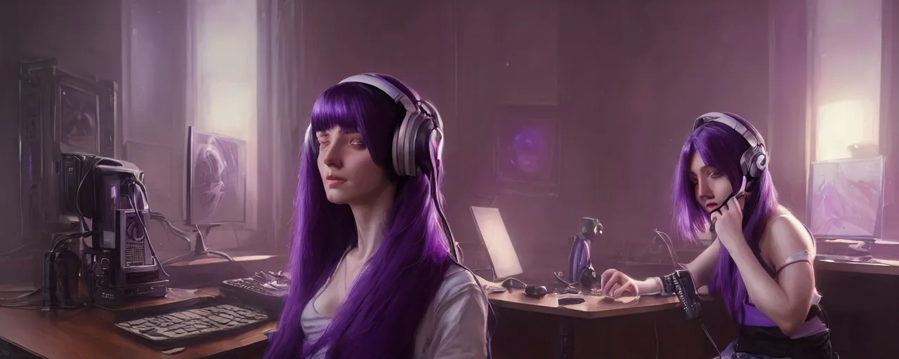 Prompt: wide - shot of stunningly beautiful purple haired female with headphones at home studio streaming computer games late at night, very detailed, 4 k, concept art like ernest khalimov, intricate details, highly detailed by greg rutkowski, ilya kuvshinov, gaston bussiere, craig mullins, simon bisley, backlit