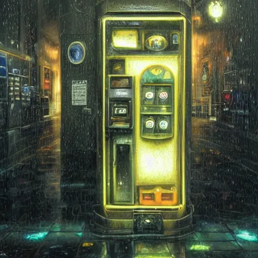 Prompt: a man in a rainy alleyway placing a coin in a vending machine which opens an alien portal, vivid caustics into another universe, realistic photography, beautiful interior, hyperrealism, incredible, award - winning photography, by greg rutkowski, lovecraftian