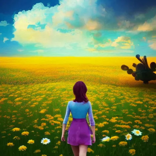 Image similar to daisy flower as a face, girl walking in flower field, holding daisy, surreal photography, sunrise, impressionist painting, colorful clouds, digital painting, artstation, simon stalenhag, flower face