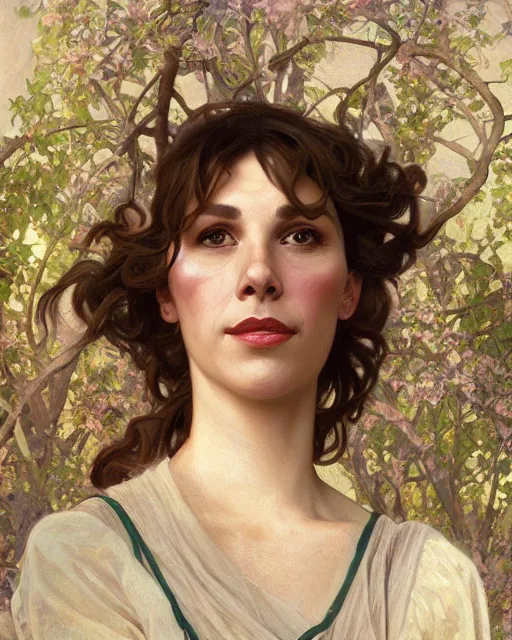 Prompt: a portrait painting of sabrina lloyd / perdita weeks / nicole de boer hybrid oil painting, gentle expression, smiling, elegant clothing, scenic background, behance hd by alphonse mucha, greg rutkowski, tim hildebrandt