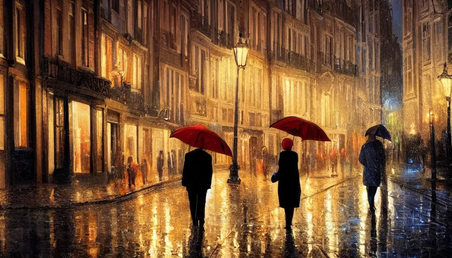 Image similar to digital painting of old couple walking in brussels by night, reflections, lights, umbrella, hyperdetailed, artstation, cgsociety, 8 k