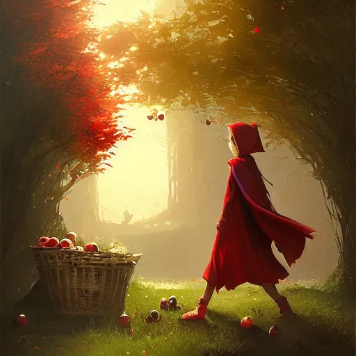 Image similar to a girl with a red cloak holding a basket full of apples, by Jordan Grimmer and greg rutkowski, crisp lines and color,