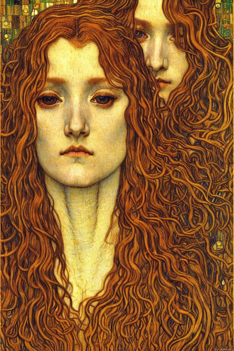 Image similar to detailed realistic beautiful young medieval queen face portrait by jean delville, gustav klimt and vincent van gogh, art nouveau, symbolist, visionary, gothic, pre - raphaelite, muted earthy colors, desaturated