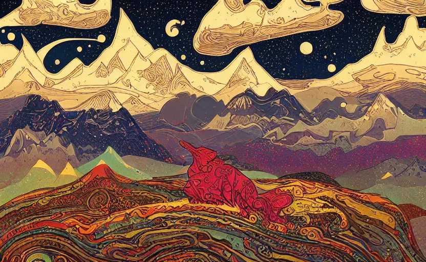 Image similar to mountains, stars and paisley filled sky, artstation, intricate, highly detailed, digital painting, concept art, sharp focus, illustration by Ivan Bilibin and James Gilleard