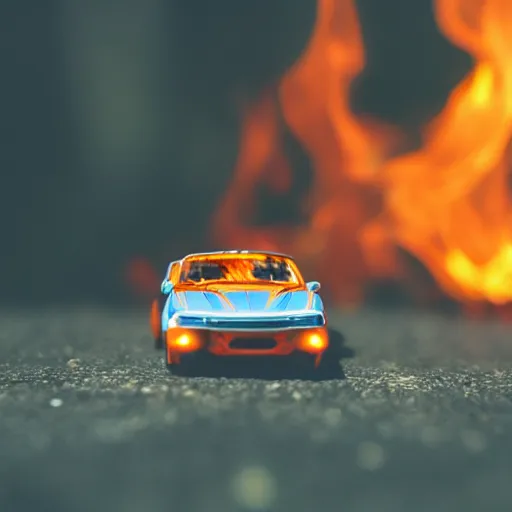 Image similar to macro photography of a toy hot wheels car driving through a forest fire, 3 5 mm